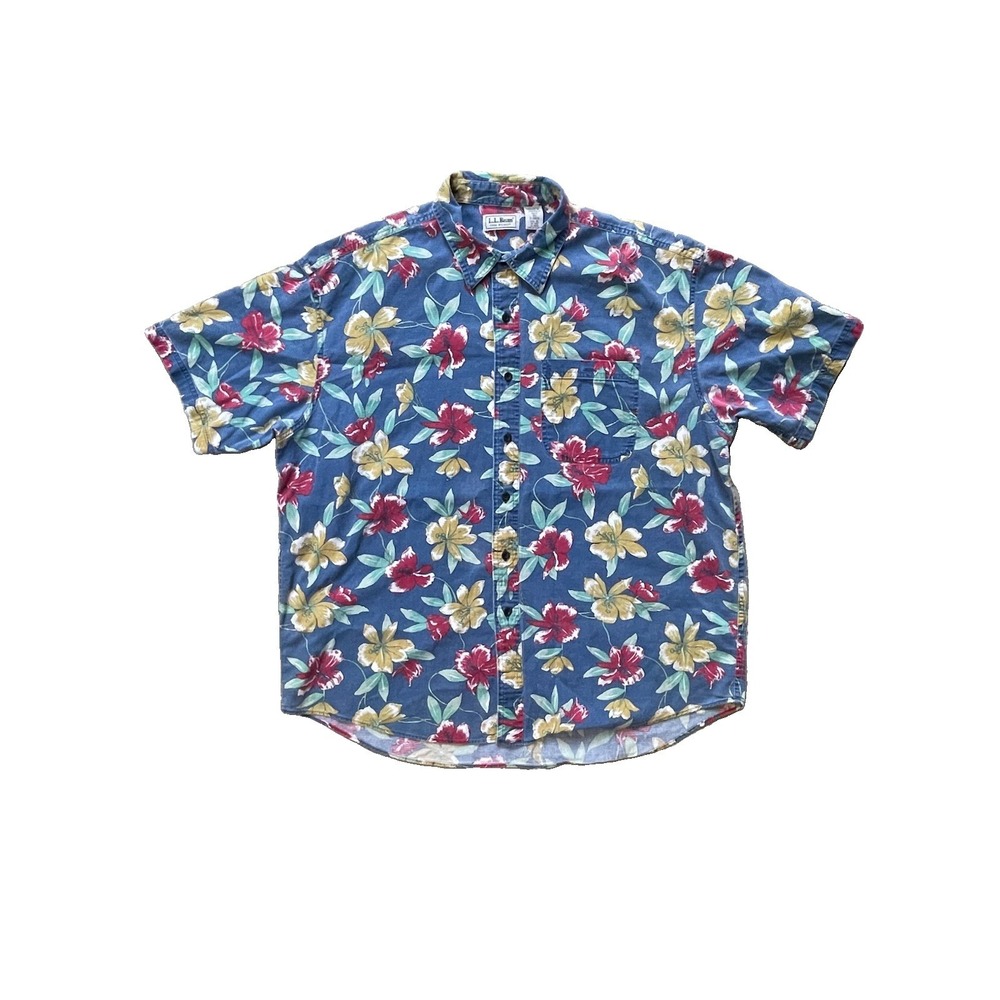 L.L.Bean Men's XL Cool Weave Hibiscus Floral Button Up Shirt Cotton Regular Fit
